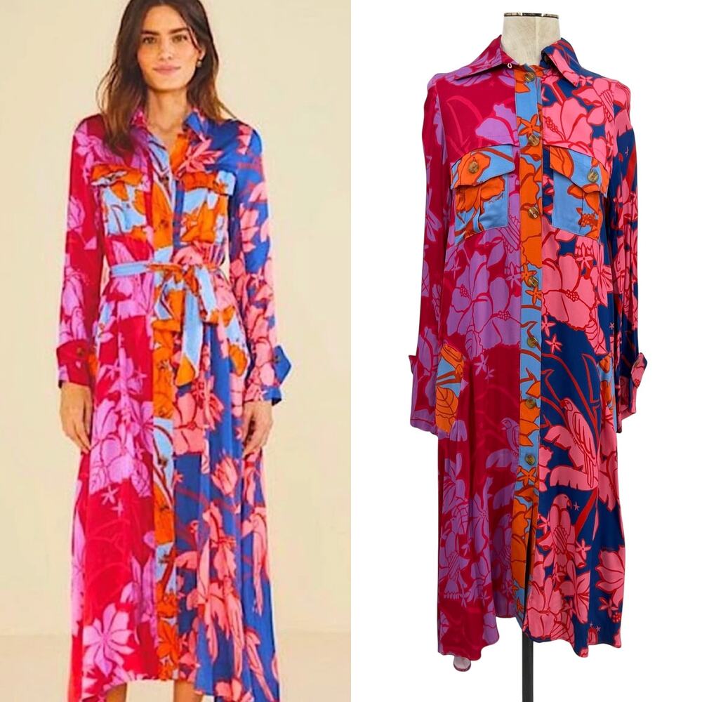 Farm Rio Mixed Living Nature Chemise Maxi Dress‎ Shirt Button Down Size XS